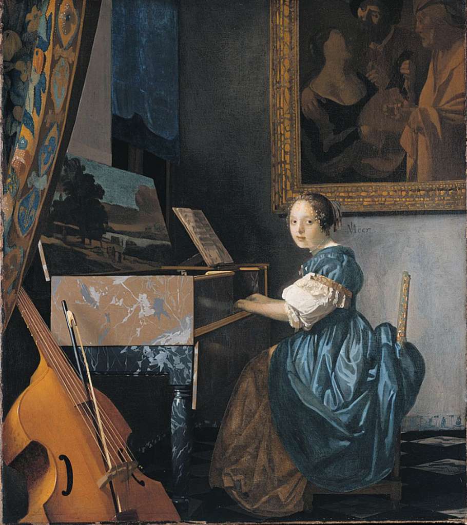 London National Gallery Next 20 11 Jan Vermeer - A Young Woman seated at a Virginal Jan Vermeer - A Young Woman seated at a Virginal, 1670-2, 51.5 x 45.5 cm. The young woman seems to look at us as we enter the room, but keeps on playing the virginal (a keyboard instrument similar to a harpsichord). Propped against the virginal in the left foreground is a viola da gamba with the bow placed in between the strings. The virginal has a landscape painted on the inside of the lid, and the painting in the background is The Procuress by Dirck van Baburen. A tapestry frames the scene at the upper left, and the skirting in the lower right is decorated with Delft tiles.